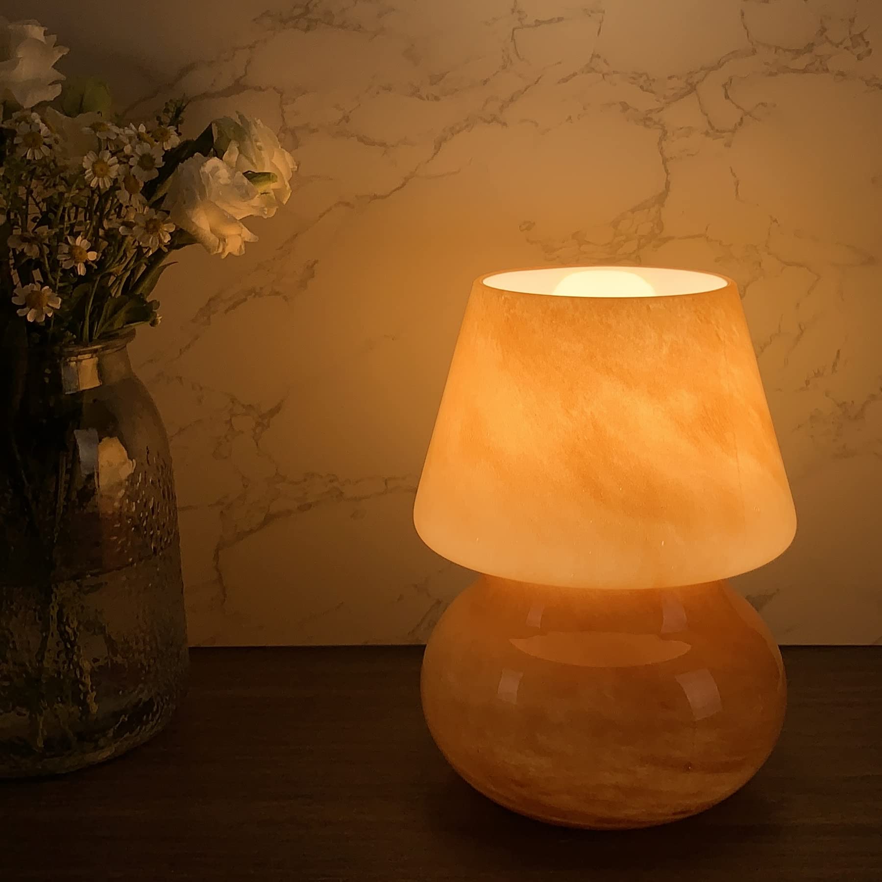 MKolour Mushroom Bedside Table Lamps - Glass LED Bedside Night Lamps, Vintage Small Table Lamps for Bedroom,Living Room,Nightstand,Study (Orange)