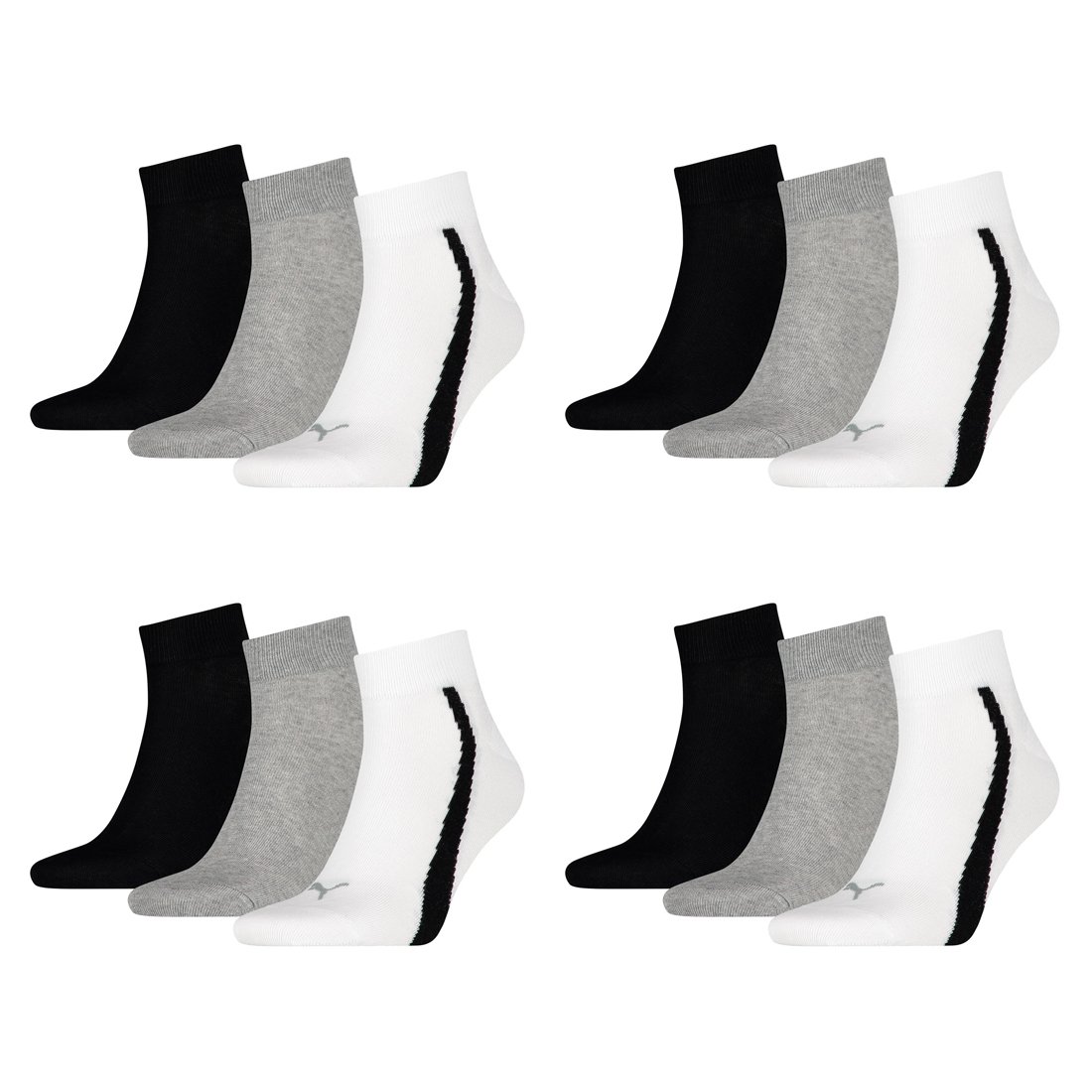 PUMA 12 Paar Lifestyle Quarter Socken Gr. 35-46 Unisex Sneaker Füßlinge, Farbe:325 - white/grey/black, Socken & Strümpfe:43-46