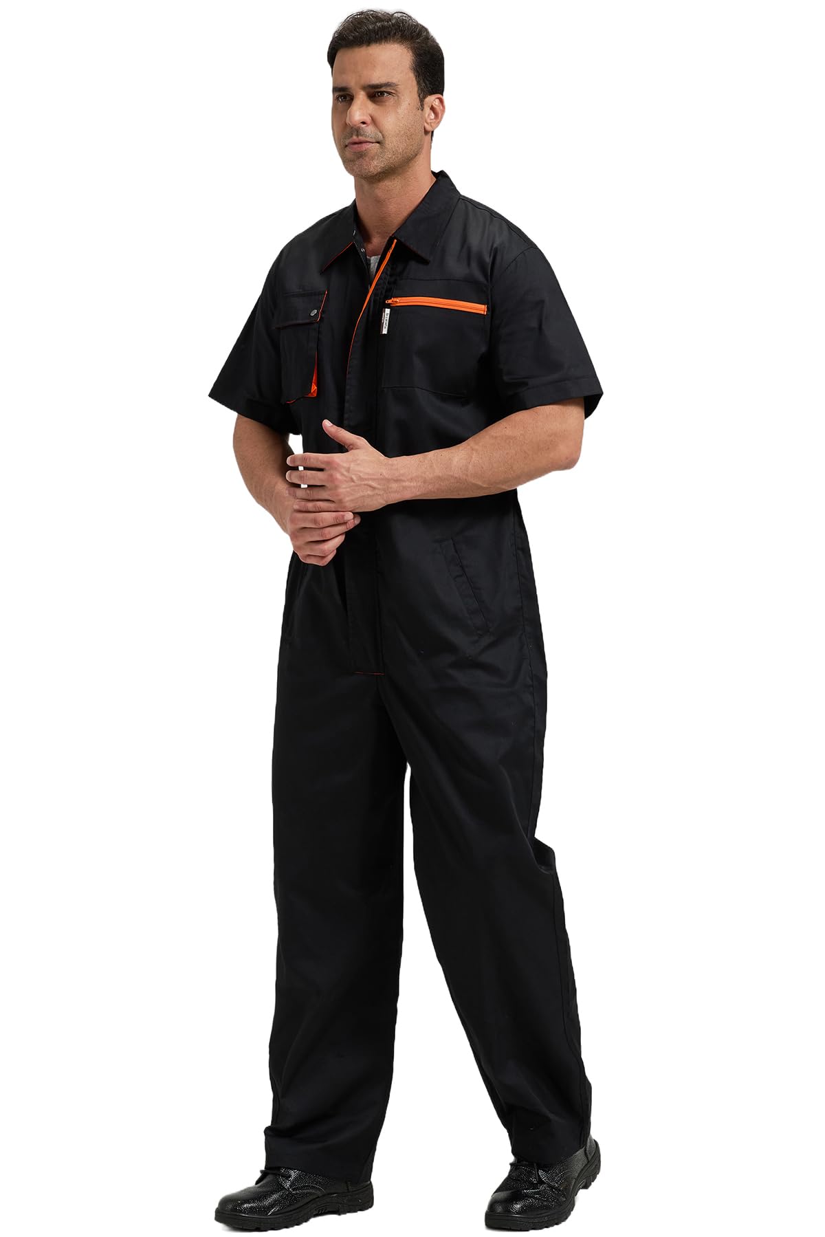 Herren Arbeitsoveralls Kurzarm Arbeitskleidung Leicht Arbeitsanzug Atmungsaktiv Reißverschluss Overalls Sommer Arbeitskombi, Schwarz, XL