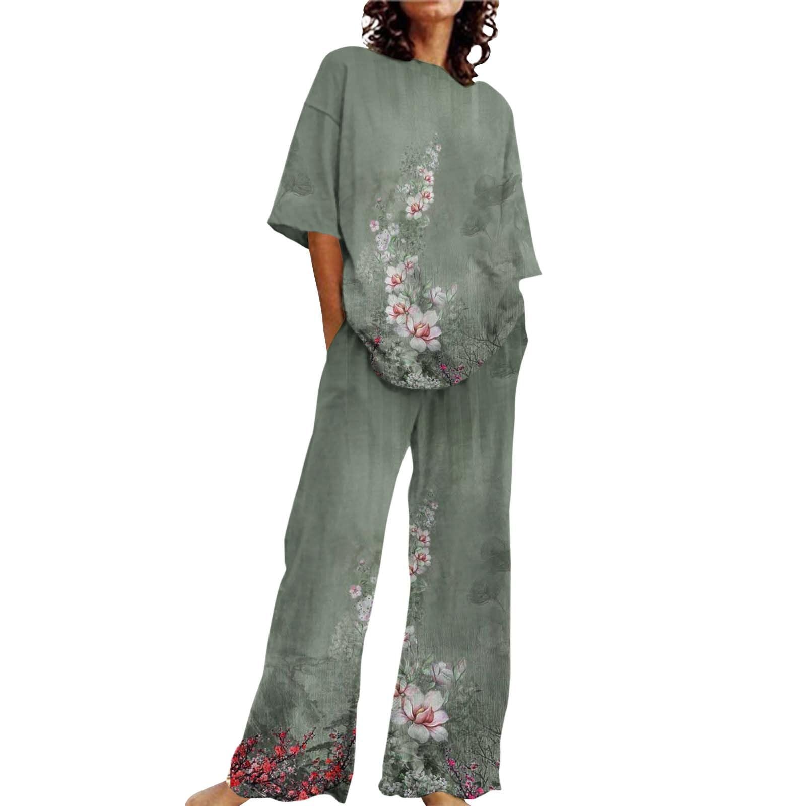 Pyjama long pour femme - Grandes tailles - Haut et pantalon de pyjama | Ensemble de nuit 2 pièces imprimé floral pour femme, manches mi-longues, col rond, haut et pantalon pour nuit et loisirs