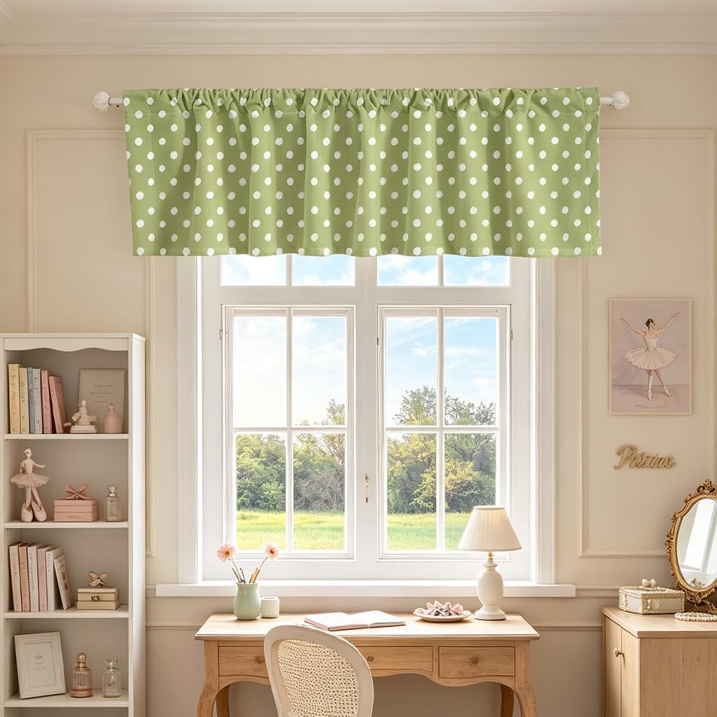 Homewish Polka Dot Valance Curtains,Light Green Dot Window Valances for Living Room Decor,Cute Cartoon Dots Blackout Window Treatments 1 Panel,Minimalist Style Kitchen Curtain Valance,52" L X 12" W