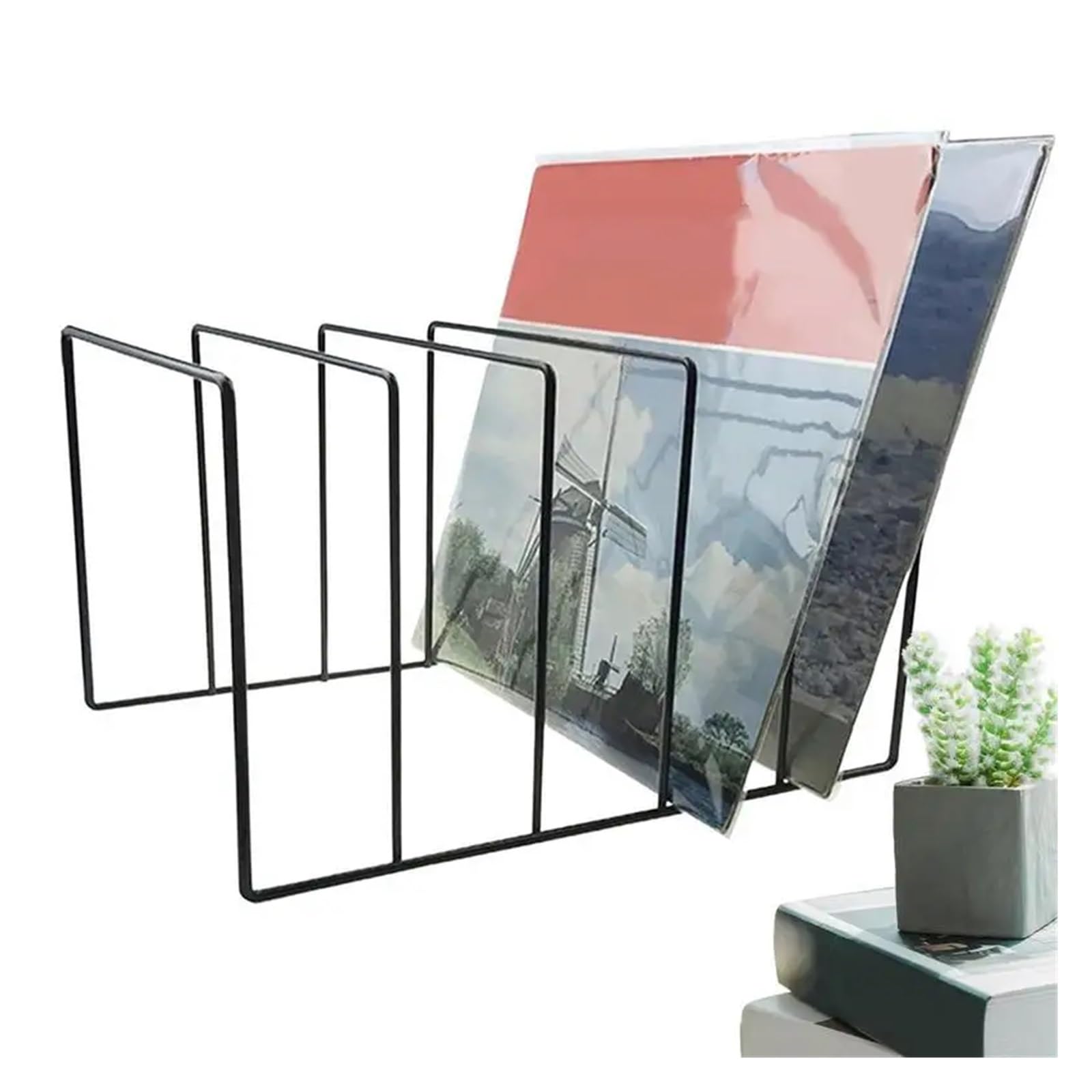 Porta Vinili Portadischi in Metallo Ferro Nero Portaoggetti da Tavolo Organizzatore di File Libri Scaffale Porta giornali Art for(L)