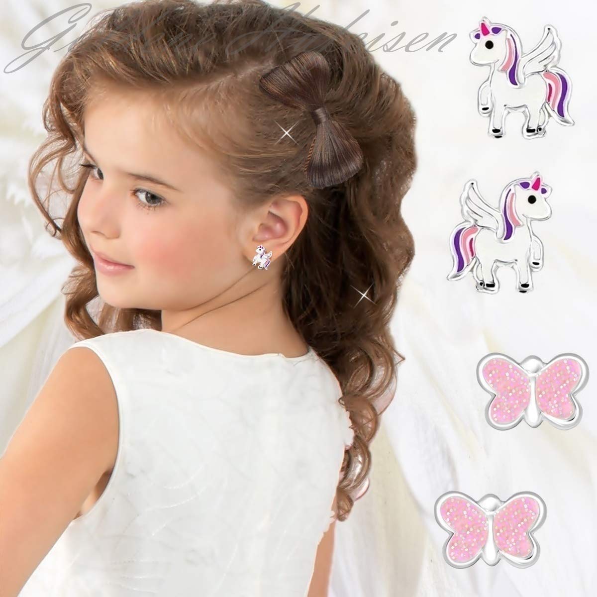 2 paire set fille enfant boucles d'oreilles papillon licorne 925 argent