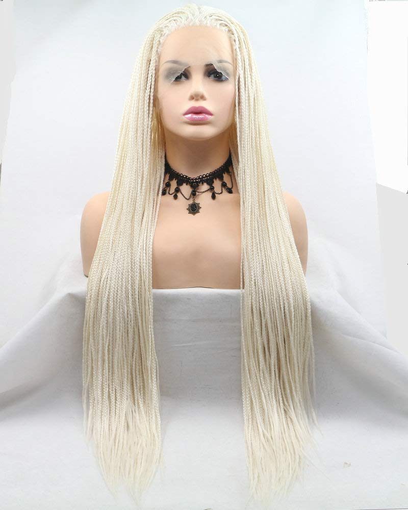 Yinuozhogntian60# White Blonde Afro America Box Braided Wigs Handmade Long Braids Synthetic Lace Front Wigs for Women Holidays Party Cosplay White Blonde Braids Wigs Drag Queen 28"