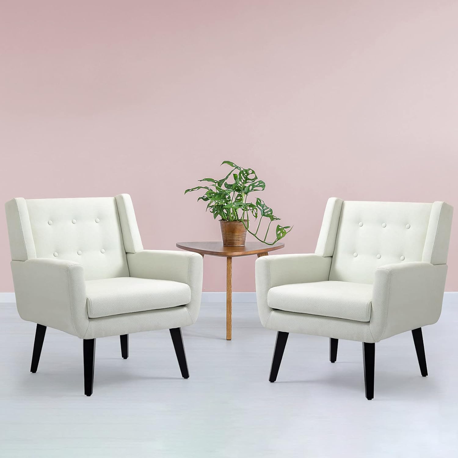 AVAWING Set of 2 Morden Accent Chair, Mid-Century Modern Upholstered Sofa Chair with Rubber Wood Legs, Comfy Linen Fabric Armchair for Living Room, Bedroom, Office (White) : Home & Kitchen