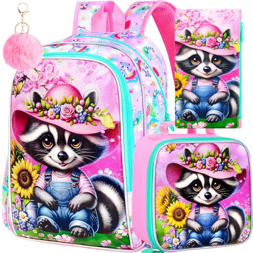 Image of AGSDON 3PCS Raccoon Backpacks for Girls, 16 inch Kids Reflective Elementary Backpack with Lunch Box, Water Resistant School Bags Set for Preschool Toddler