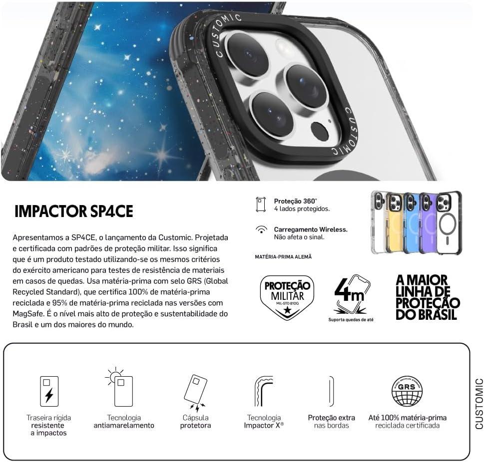 Customic Capinha Case Capa para Celular iPhone 16 Pro (6.3”), Impactor Space Anti Impacto Proteção Militar 4 metros contra quedas, Compatível Mag-Safe, Antiamarelamento, Transparente