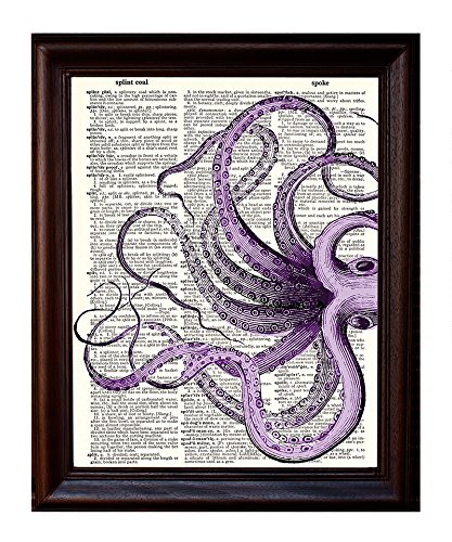 Fresh Prints of CT Dictionary Art Print - Sea Monster/Giant Squid Purple Tentacles - Printed on Recycled Vintage Dictionary Paper - 8.5