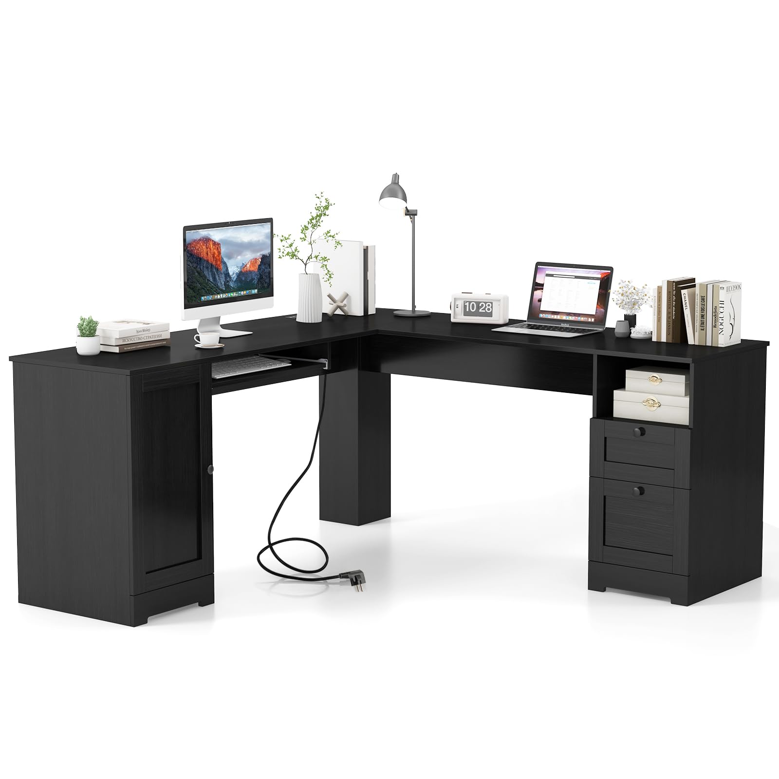 COSTWAY Escritorio Esquinero con Enchufes, Grande 168X168 cm, Escritorio en L con Cajones, Bandeja para Teclado, Mesa en L con Estante Ajustable Oficina Casa(Negro+Enchufe)
