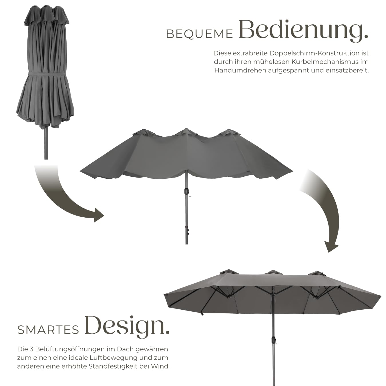 tectake 800936 Doppelsonnenschirm mit Handkurbel, 460 x 270 cm, oval, Aluminium Sonnenschirm mit Sonnenschutz UV50+, für Garten Terrasse Markt Café