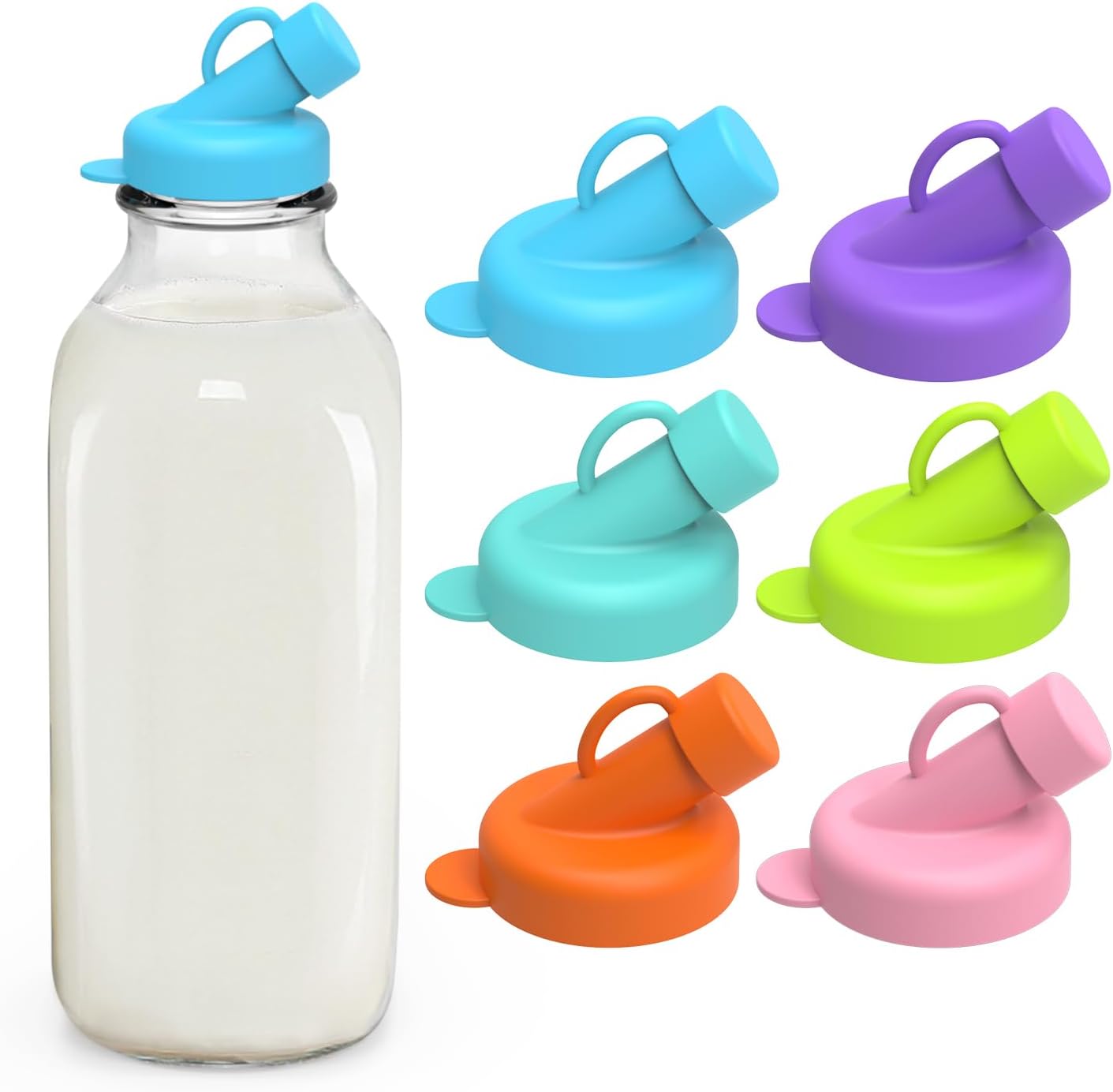 SOPHICO Silicone Milk Bottle Dispenser Caps, 48mm Diameter Pour Spout Lids, Replacement Lids Fit Stanpac & Libbey & Stock Your Home & The Dairy Shoppe, Leak Proof, Odorless (6 Pack, jug not included)