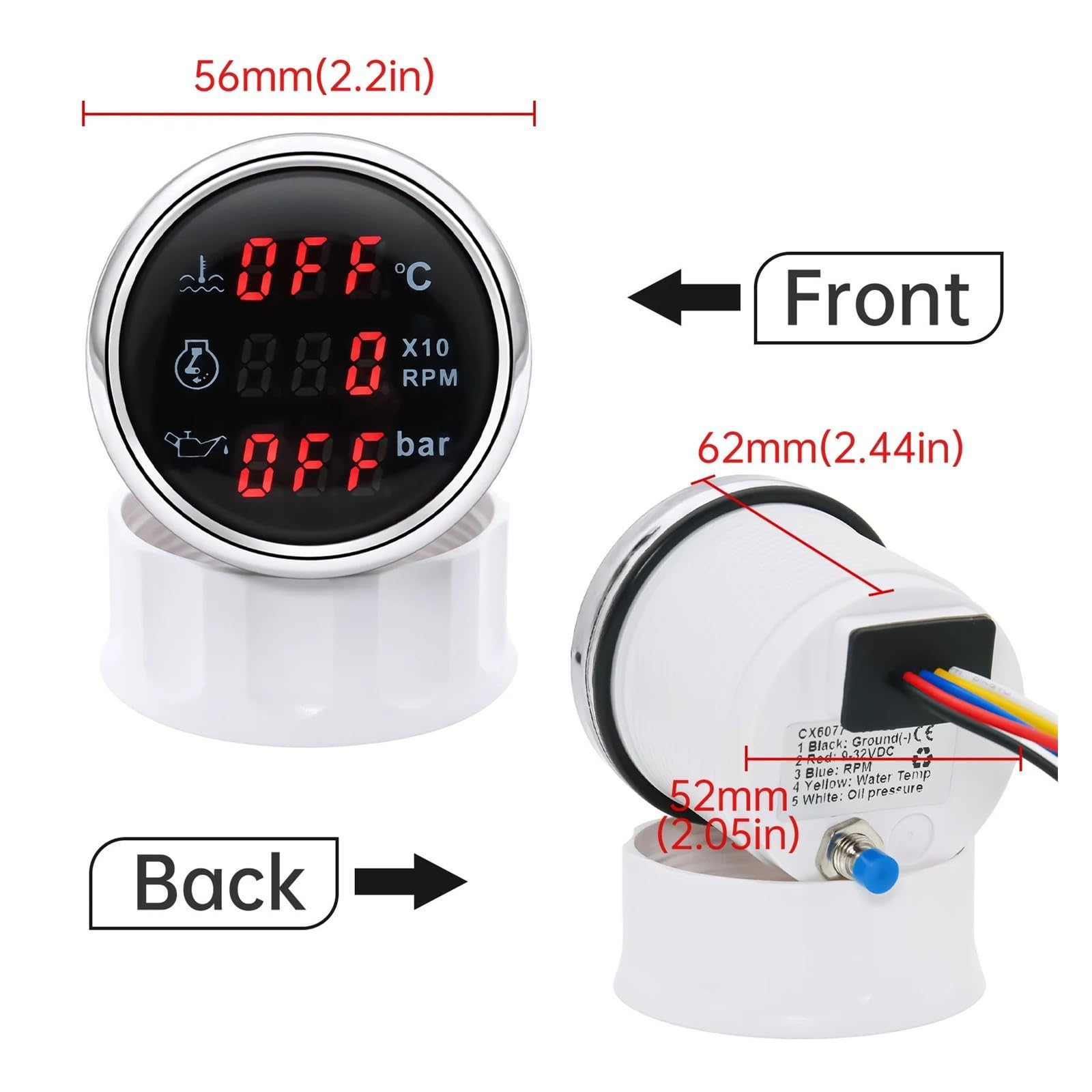 3 IN 1 Auto-Digitalanzeige, 52 mm Öldruck + Drehzahlmesser + Wassertemperaturanzeige mit Alarmtemperatursensor NPT 1/8 U/min-Sensoren Klare Messwerte(Black)