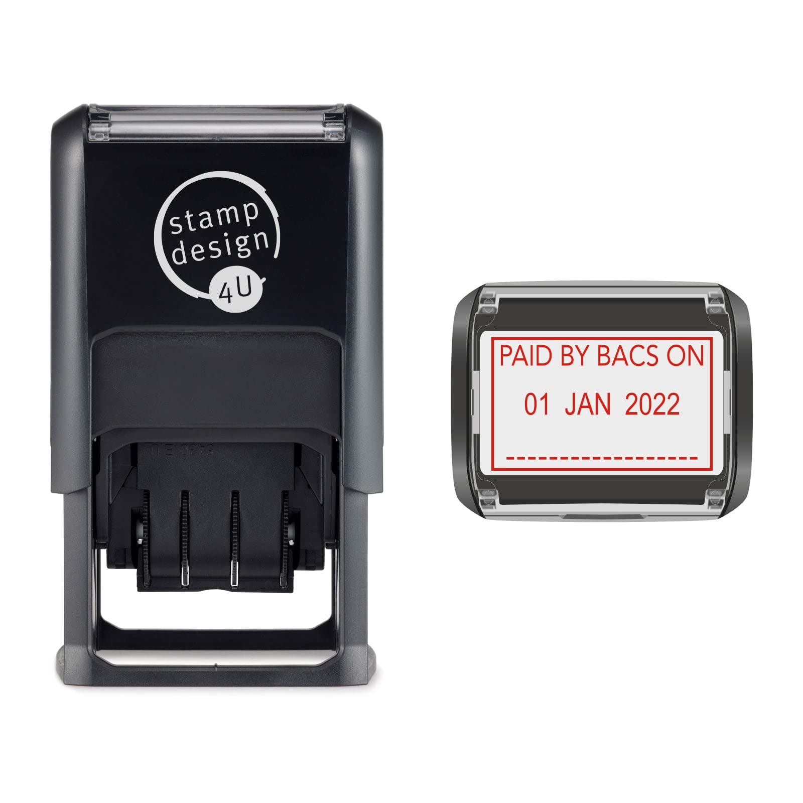Stamp Design 4U Red Sd4u Word And Date Stamp Self Inking - Paid By Bacs On And Changeable Date In Ink