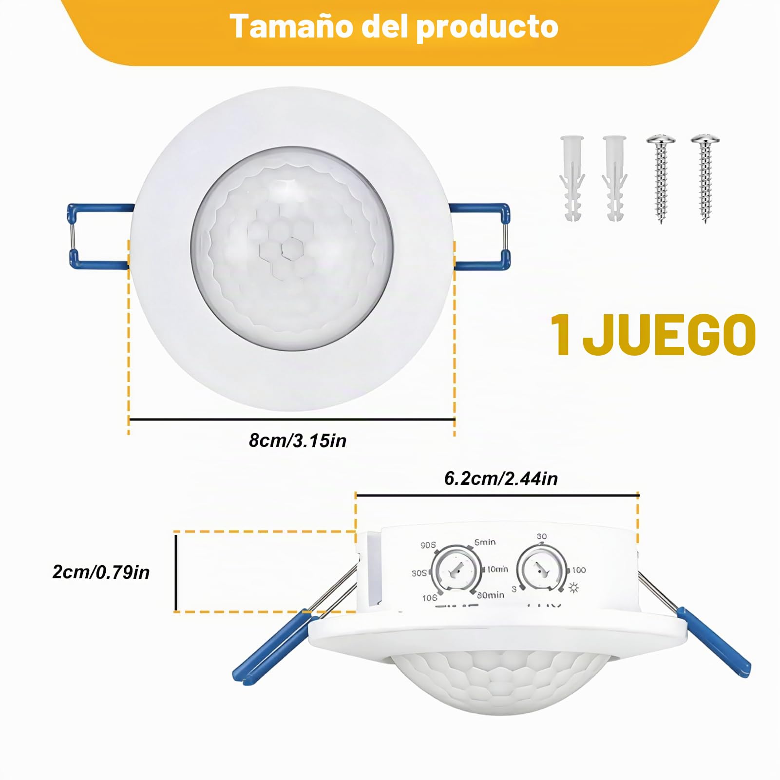 Detector de Movimiento Interior Empotrado Techo Sensor de Movimiento de Presencia Rango de Detección 360° 230V Interruptor Detector Luz Ajustable 10s–30min para Lámparas LED Adecuado