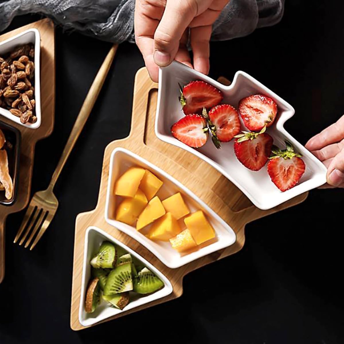 White Tree Plates Chip & Dip Set, 11 Inches Ceramic Snack Plate with Bamboo Tray, Removable Porcelain Christmas Tree Appetizer Dessert Fruit Salad Saucers Bowl, Cutlery Platter Serving Dish