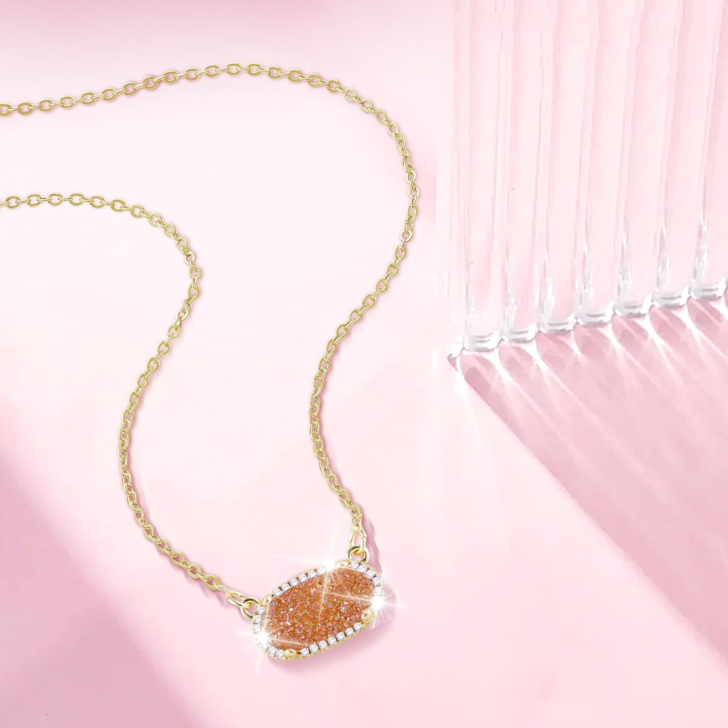 Women's Gold Necklace With Natural Druzy Pendant And Adjustable 14K Gold-Plated Chain Elegant Jewelry for Women - Image 6