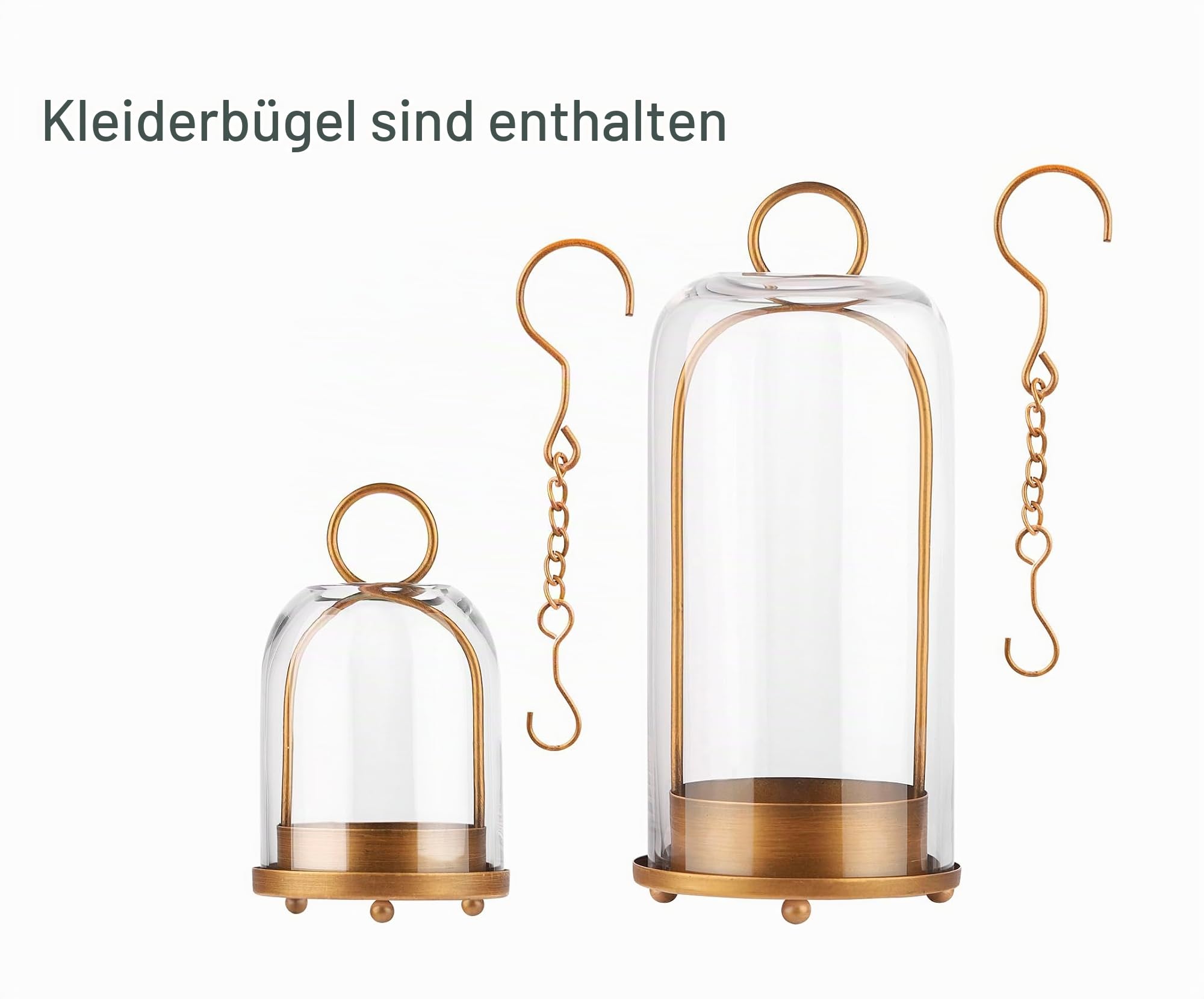 Vielseitiger Kerzenhalter aus Metall mit handgefertigter Stabiler Glaskuppel aus Messing für Stumpenkerzen und Pflanzen, 13 x H 30 x 10 x H 19 cm, industriell, Bauernhaus, Shabby Chic (2, Messing