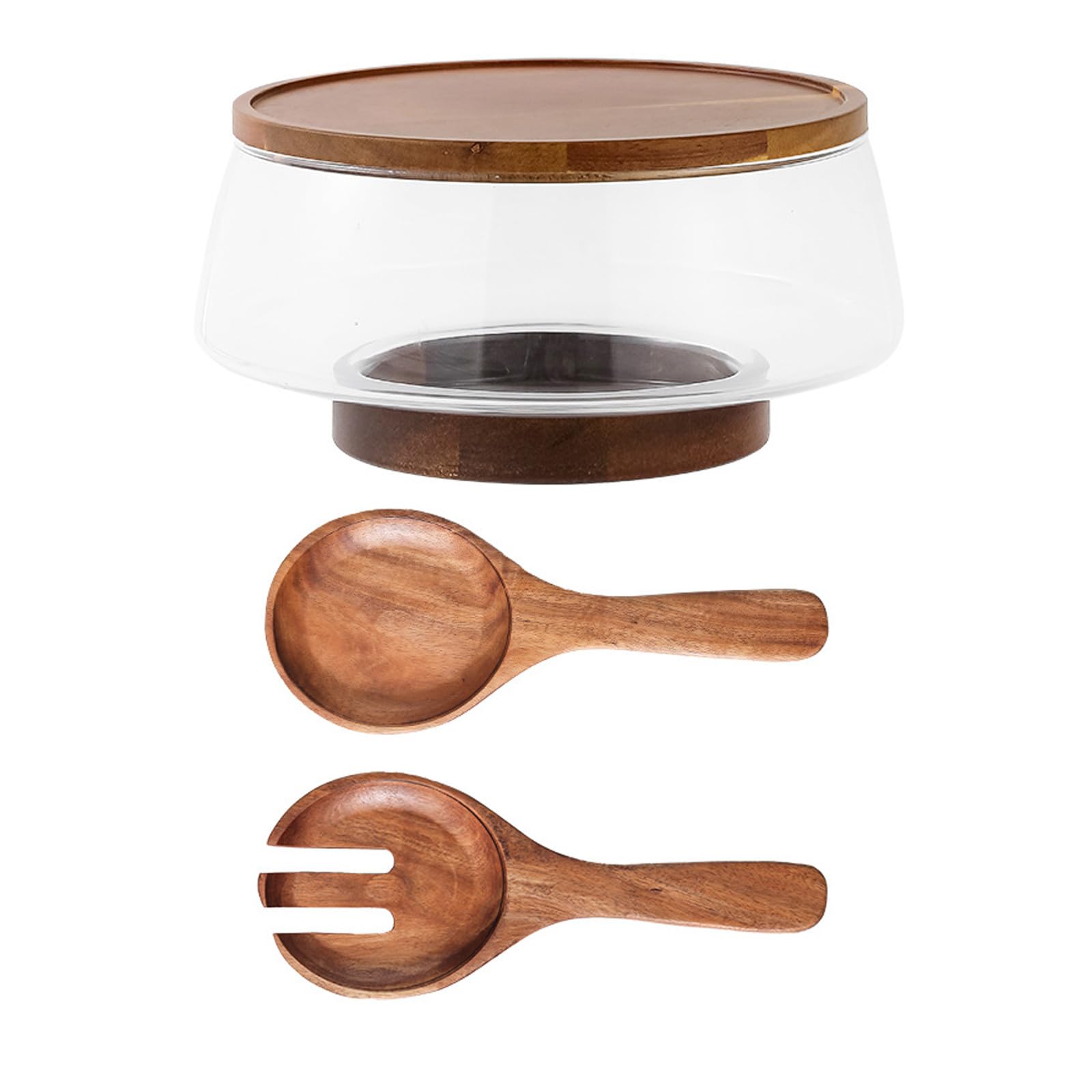 SHINEOFI 1 zestaw dużych szklanych misek do sałatki z drewnianą podstawą i serwerami do sałatek - 3,4 l/3,6 qt Elegancka miska do serwowania makaronu, owoców i przekąsek - Łatwa w czyszczeniu,
