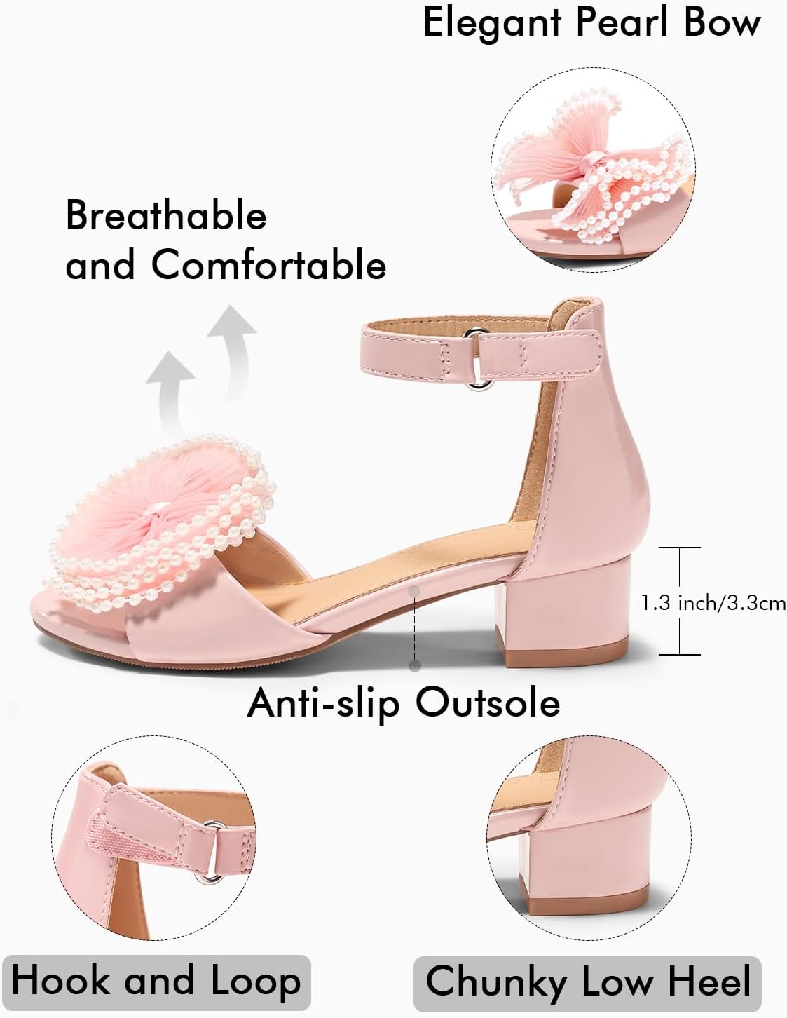 Coutgo Girls Dress Shoes Sandals Bow Pearl Open Toe Low Chunky Heels Ankle Strap Flower Girl Wedding Party Shoes - Image 7