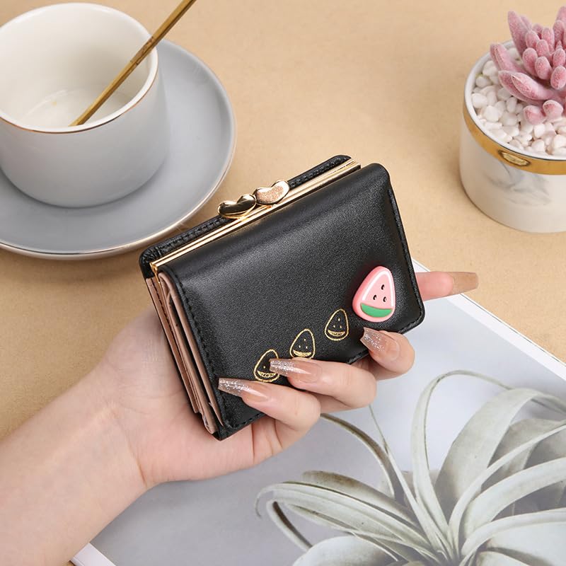 Image of Valerie Cute Small Wallets Clutch for Teen Girl Women PU Leather Trifold Small Wallet Cash Pocket 3D Buckle Card Holder Coin Purse with ID Window for Girls Women (Black)