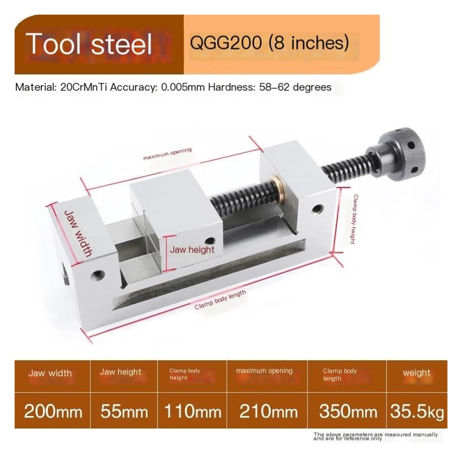 Tornillo de banco manual con alicates planos serie QGG, herramienta de sujeción en ángulo recto de 2" a 5" for carpintería y metalurgia(Pure steel 8 in)