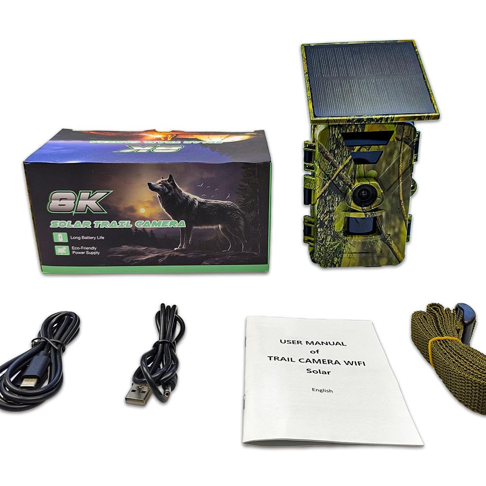 8K 60MP WLAN Solar Wildkamera mit Nachtsicht & 0.1s Auslöser, inkl. 5200mAh Akku & 32GB SD-Karte, IP67 wasserdichte TrailCam mit Bewegungsmelder, APP-Steuerung via 'TrailCam Go' für Jagd