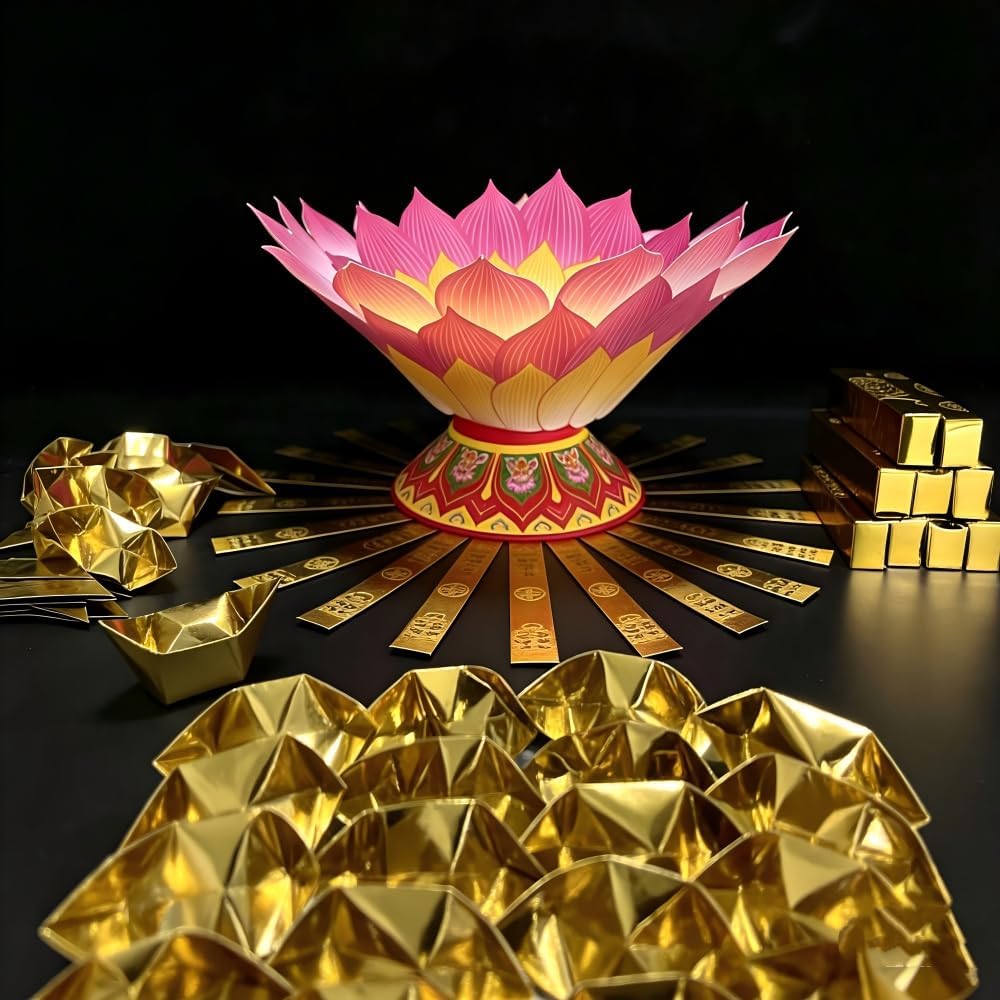 352pcs ancestral Worship Gold Paper Set—Small Gold Bars, Gold Ingot-Shaped Gold Paper, Lotus-Patterned Tray (Unfinished)—Sacred Paper Money for ancestral Worship and Blessing Ceremonies.