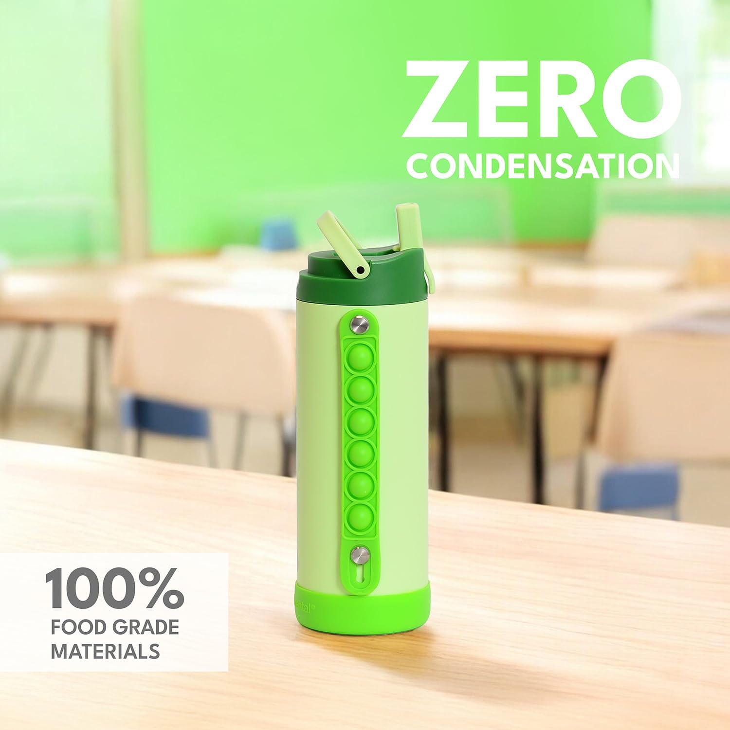 Elemental Iconic Kids Water Bottle for School - 100% Leak-Proof Insulated Water Bottles with Straw Lid & Pop-It Handle for Boys & Girls - Triple-Wall Insulated & BPA-Free, 14oz – Island Green - Image 3