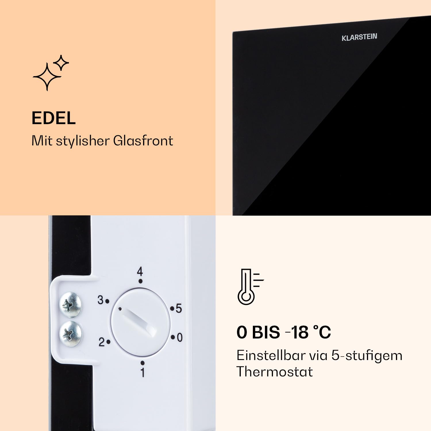 Klarstein Pluto Gefrierschrank - 1 Kühlzone, Thermostat mit 5 Stufen, 0 bis -18 °C, mit Glasfront, höhenausgleichende Füße, geräuscharmer Betrieb, 60 Liter Gesamtvolumen, schwarz