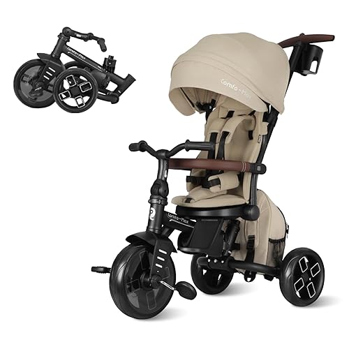 QPlay Cochecito de bicicleta para bebés de 10 meses a 6 años de edad, cochecito plegable 8 en 1 para niños pequeños de 3 a 5 años, triciclo de