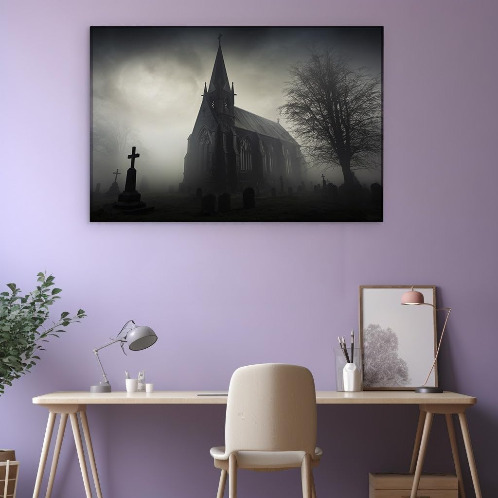 Canvas for Living room. Whispers from the Graveyard: Unveiling the Mystique of the Gothic Church Sanctuary, 27 x 18 inch Canvas Wall Art - Modern Home Decor
