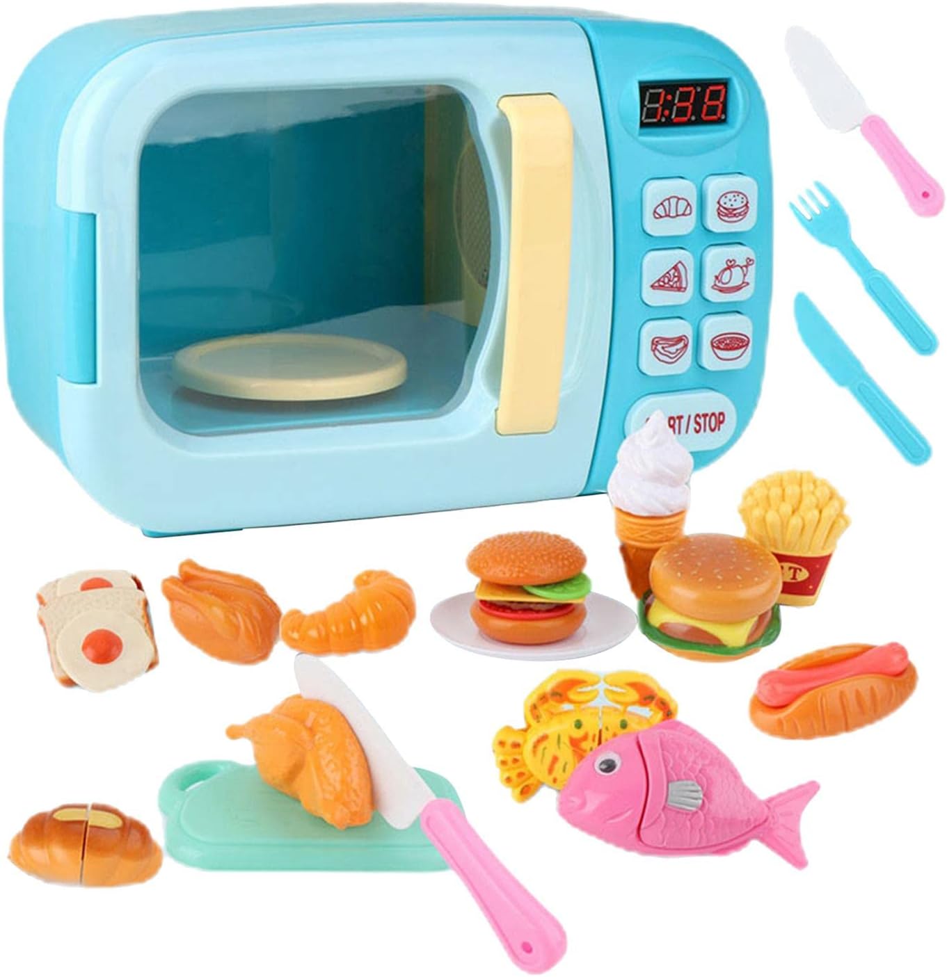 13 Pieces Kids Mini Set Microwave Oven Pretend Accessories Cooking Appliance Educational PP Material Suitable for Preschool Boys, Blue, 31Pcs