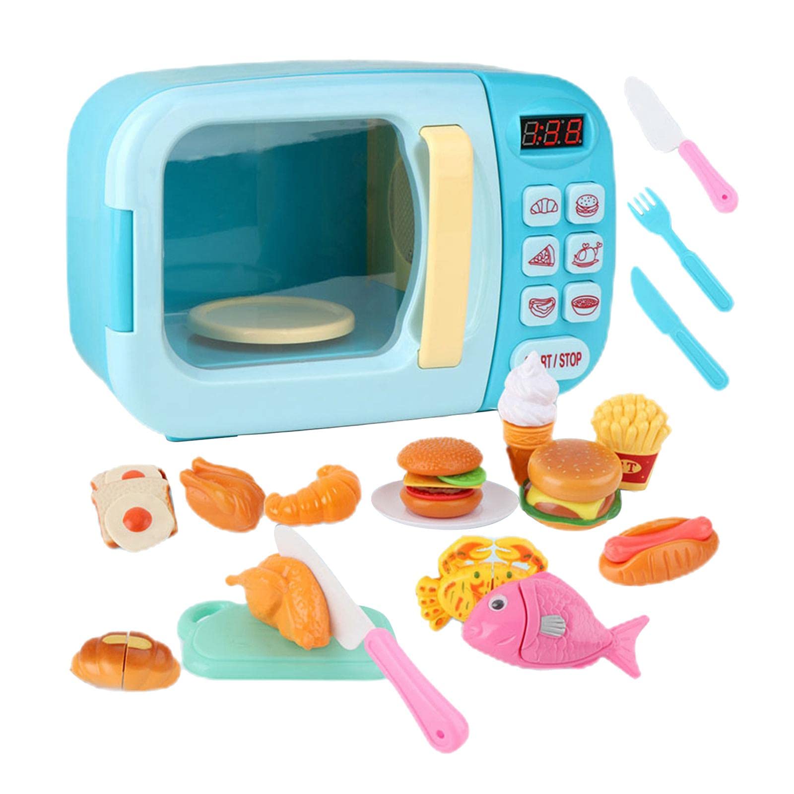 Juego de Horno Microondas de Juguete de 13 Piezas para Niños, Accesorios de Cocina, Comida de Juguete, Funciones Interactivas de Cocina, Luces Y, Azul, 31 Uds.
