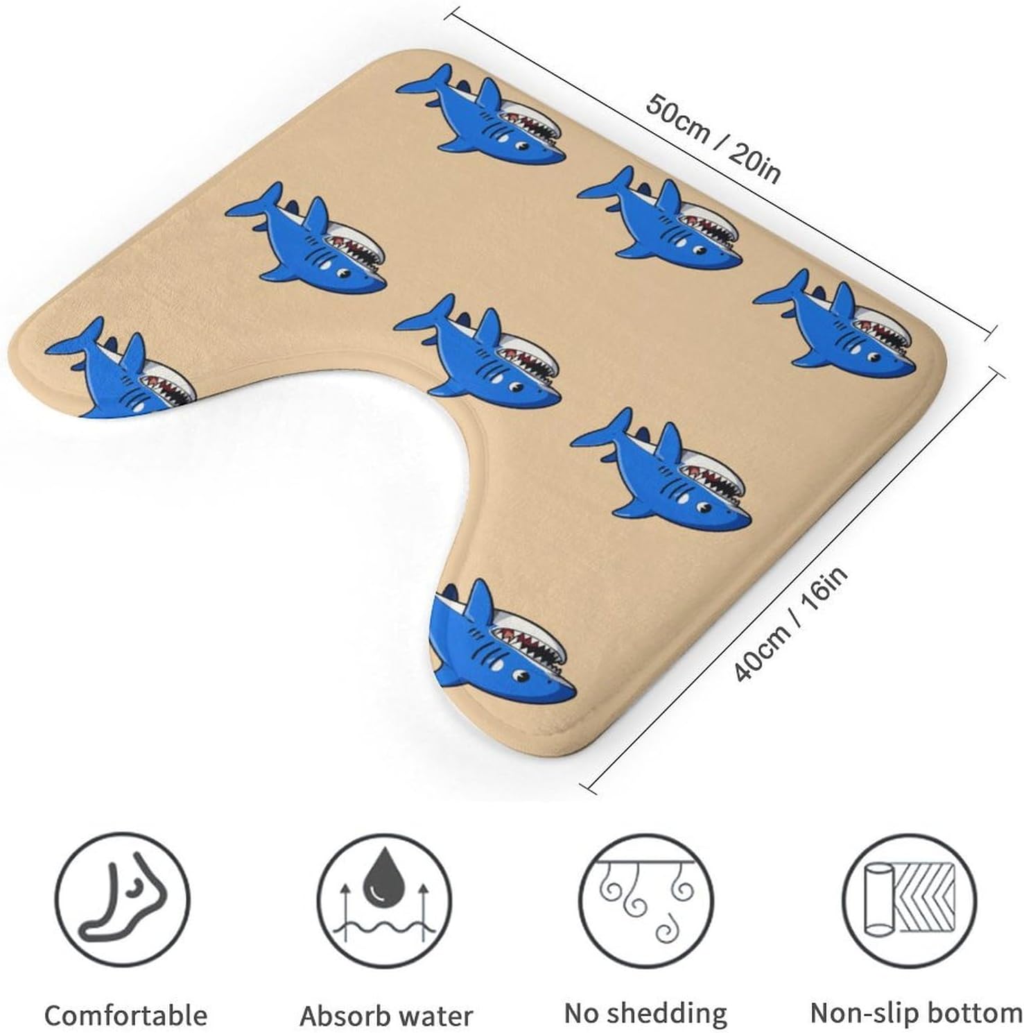 Cartoon Shark U Shaped Toilet Mats Super Absorbent