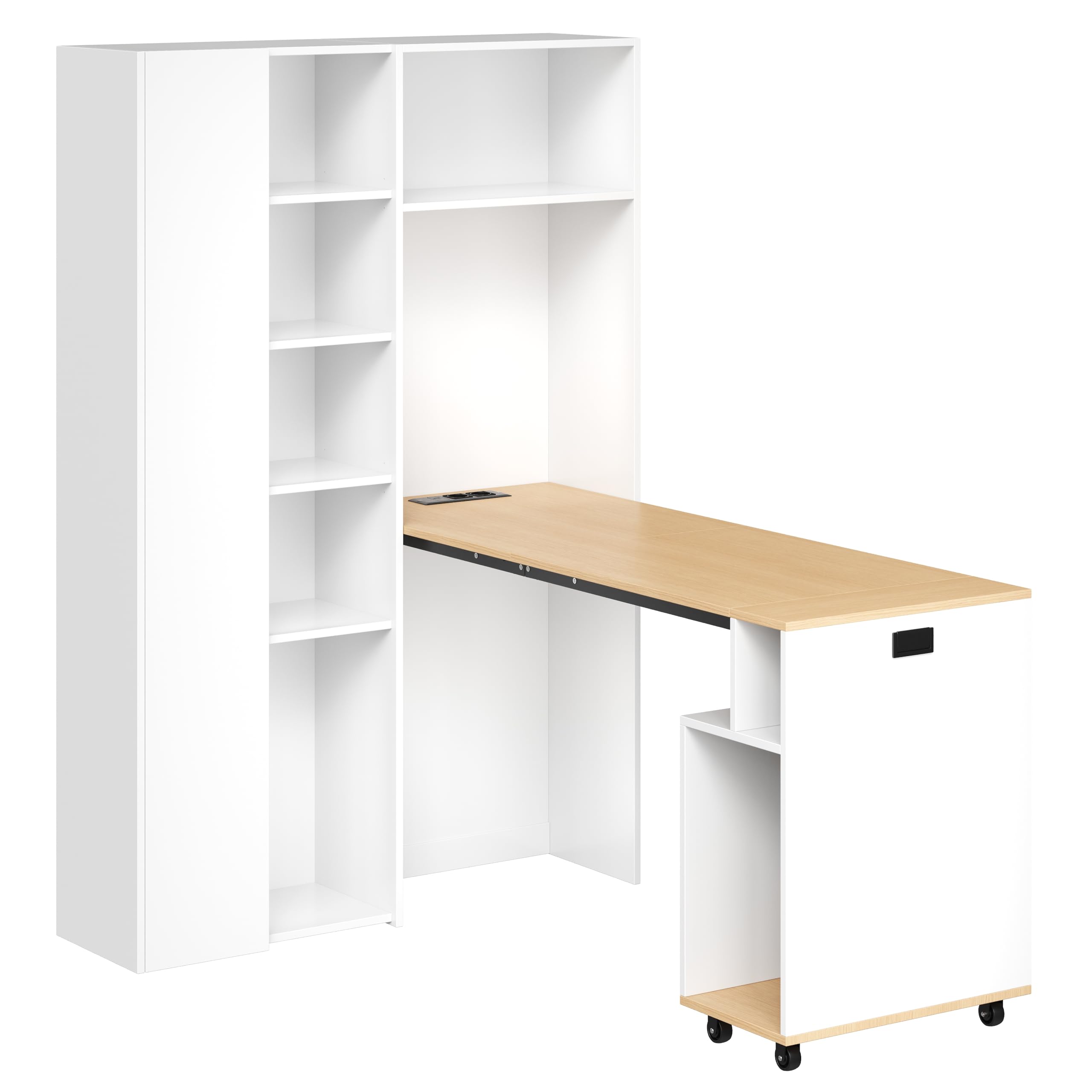 Klappbarer Schreibtisch mit Ablagen –2-in-1-Bücherregal und Schreibtisch, klappbar, mit Steckdose und USB-Anschluss, höhenverstellbare Ablagen, Kippschutz (Links)