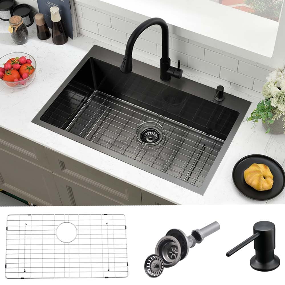 Fregadero de cocina de acero inoxidable negro con rejilla inferior de enjuague premium