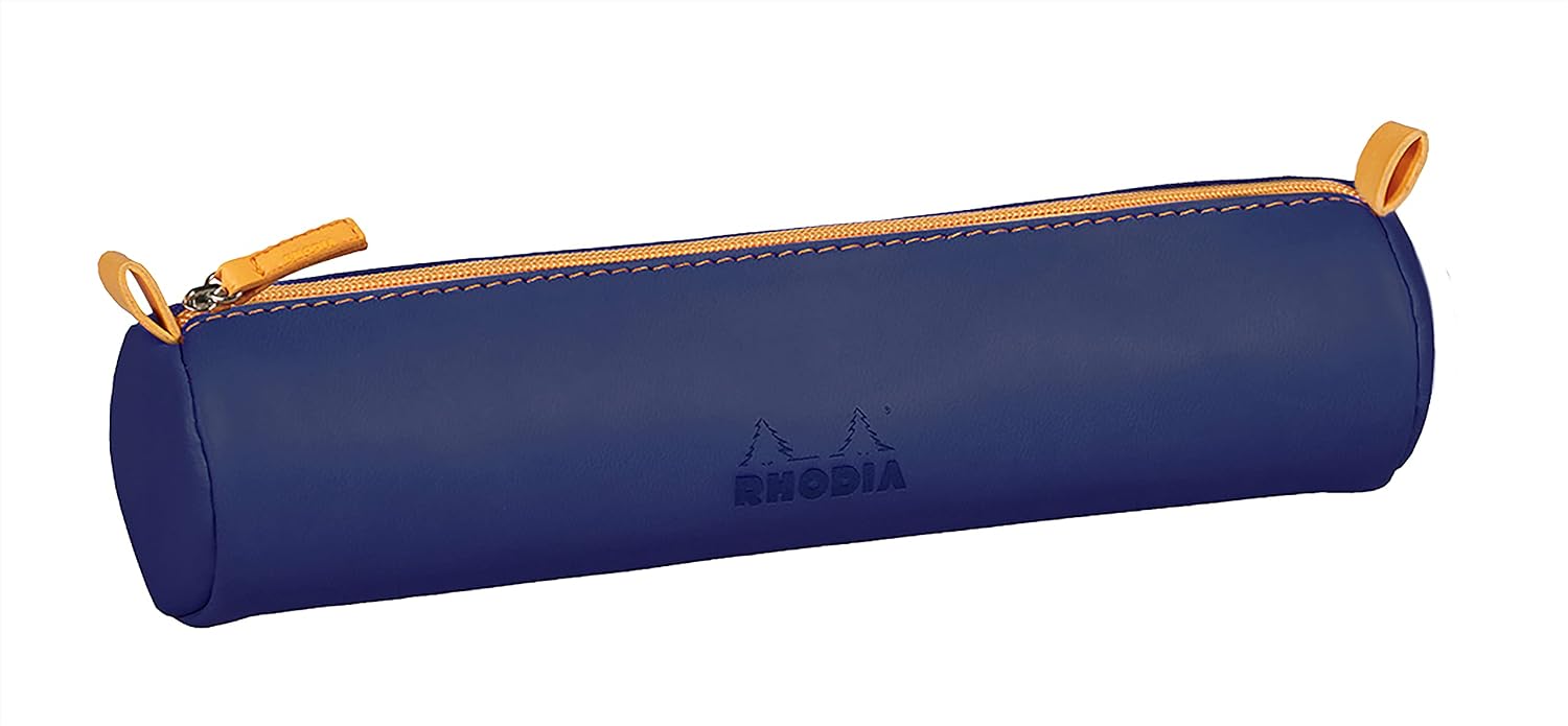 RHODIA 319008C, Rhodiarama Round Pencil Case Midnight Blue, 21.5 x 5.5 cm, Genuine Orange Stitching, Ivory Jersey Interior