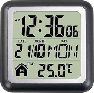 Digital Bathroom Shower Kitchen Wall Clock Time, Waterproof for Water Spray Screen Temperature Timer, Suction Cup Hanging Hole Stand - Black