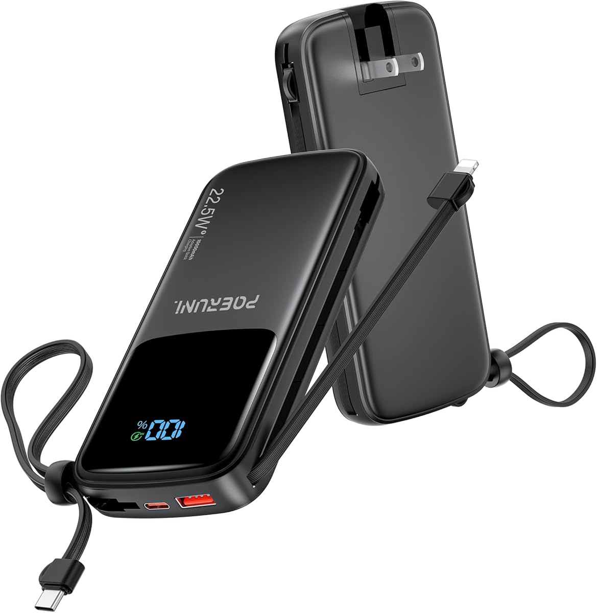 10000mAh Power Bank with a Built-in AC Wall Plug Led Display and Two Built-in Cables.USB-C Fast Charging Compatible with iPhone,Samsung,and Android Smartphones, Portable Charger with Travel.