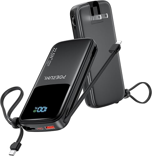 Cargador portátil, 12000mAh 22.5W USB C Cargador de energía de carga rápida con cables integrados y enchufe de pared de CA