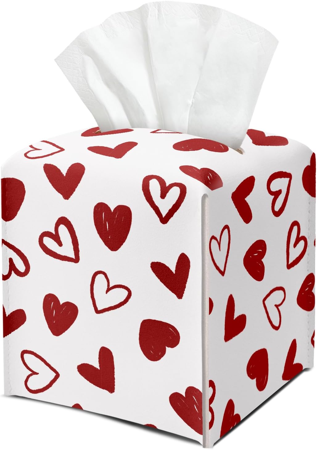 Red Love Heart Tissue Box Cover Square Cute Leather Tissue Case Holder Valentine's Day Decor for Tabletop Kitchen Car Bathroom Bedroom Office Gifts for Women Waterproof Facial Paper Organizer - DH773