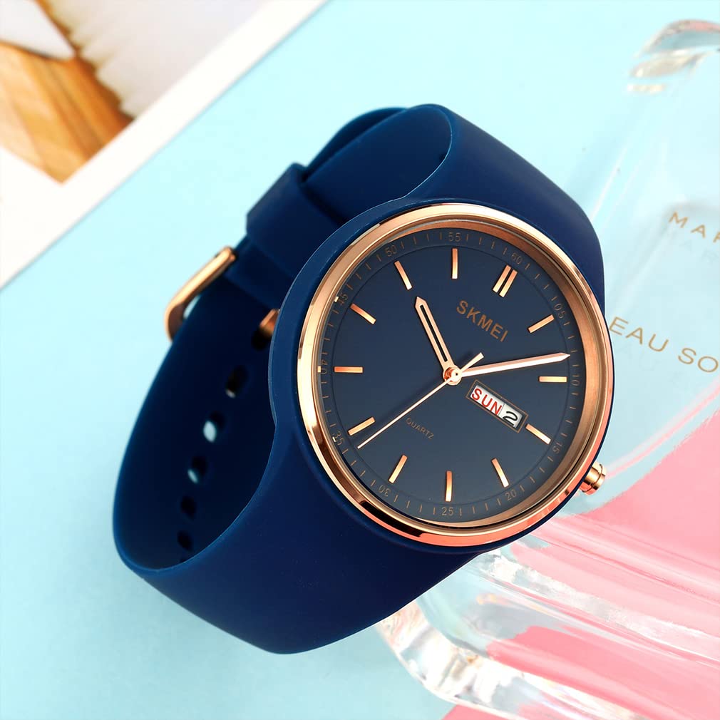 SKMEI Montre de sport pour jeune femme avec bracelet en silicone - Grand cadran - Étanche - Style décontracté - Simple - Quartz analogique - Jour - Date - Cadeau pour filles - Blanc