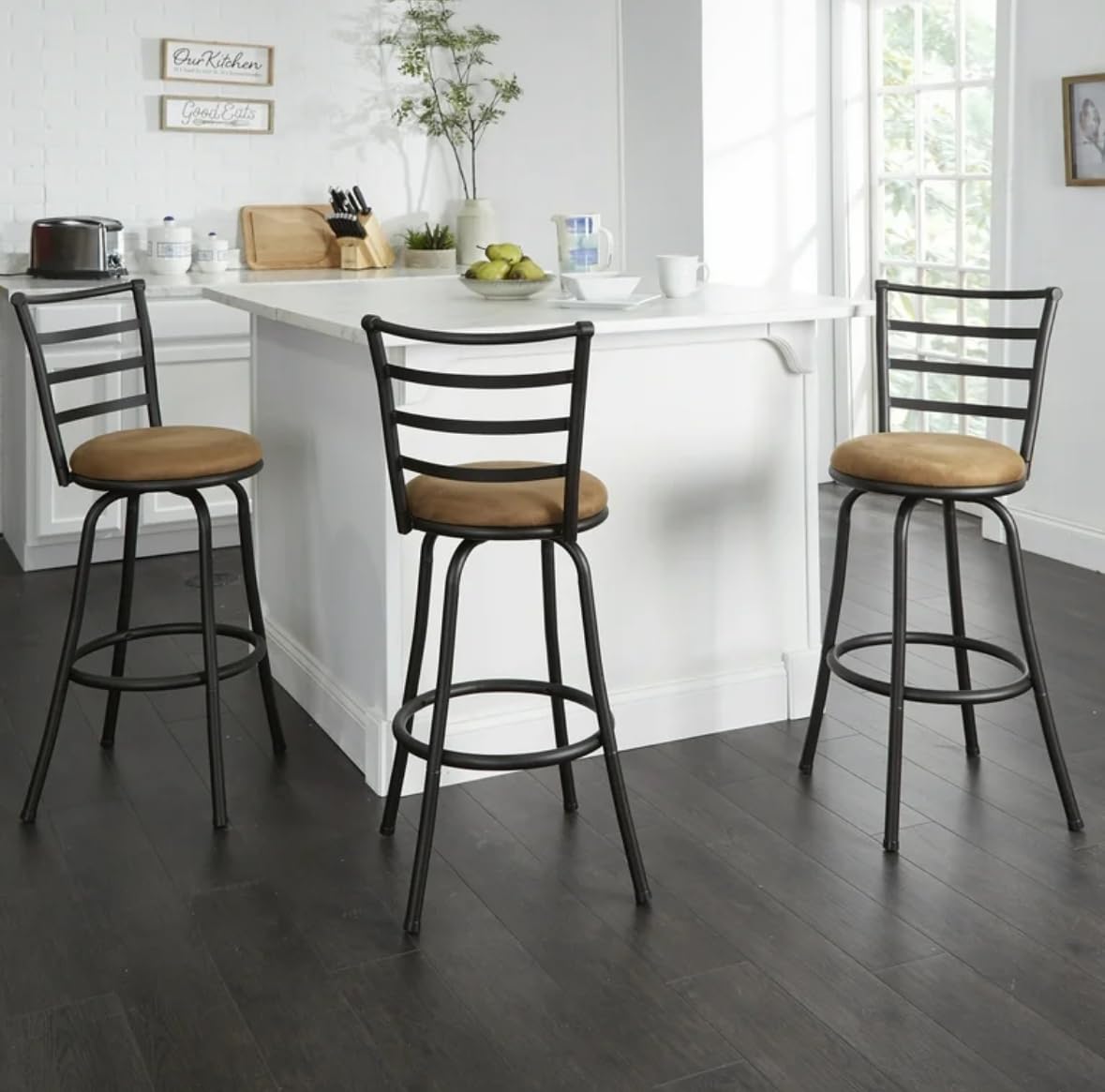 Mainstays 3-Pack Indoor Adjustable 24" or 29" Bronze Ladder Back Swivel Barstool, Espresso Vegan Leather Seat (Tan)