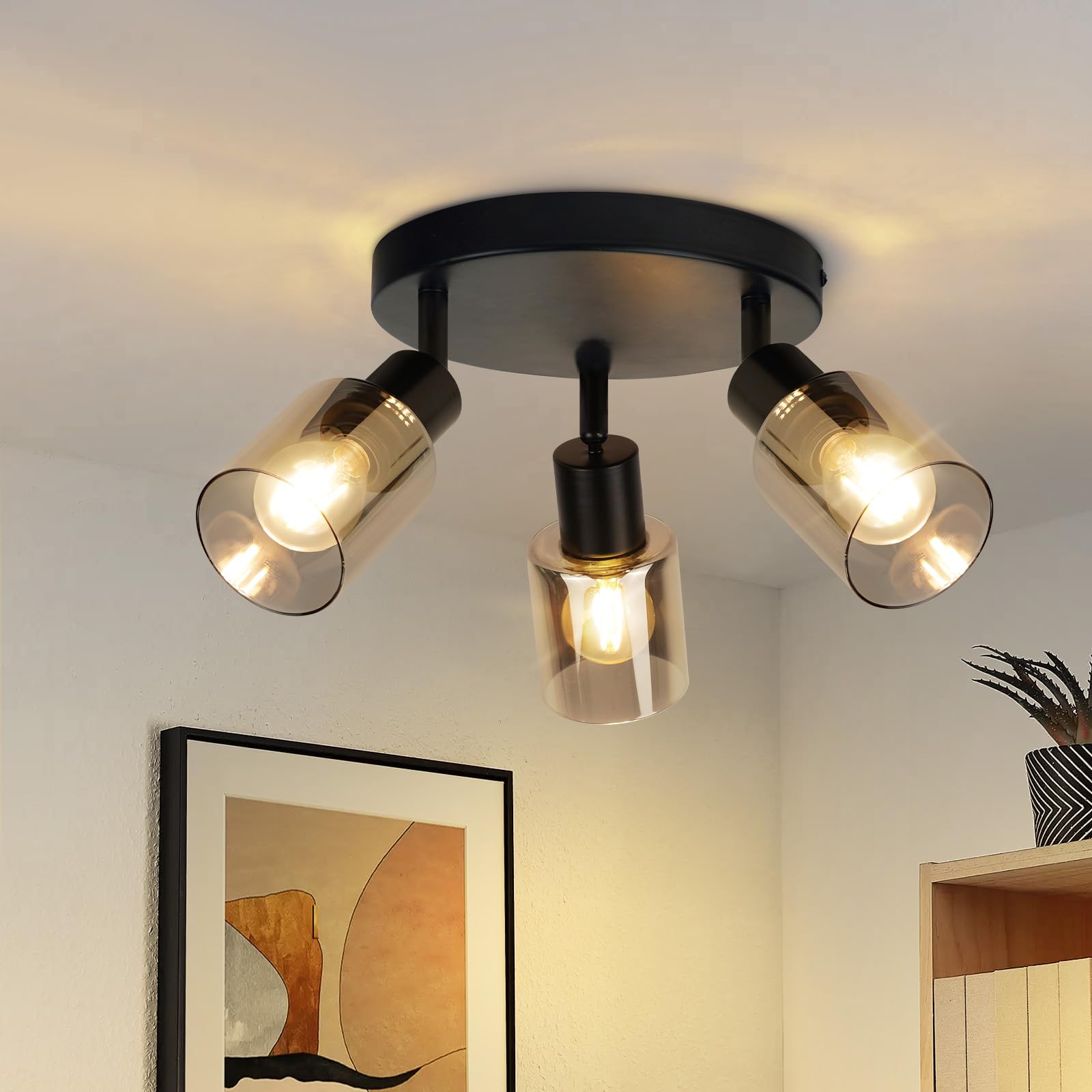 Kowanie Deckenstrahler 3 flammig Schwarz: Vintage Deckenleuchte retro Deckenlampe E14 Industrial Deckenspots Flur aus Glas und Metall Schwenkbar Spotleuchte für Küche Wohnzimmer - Ohne Leuchtmittel