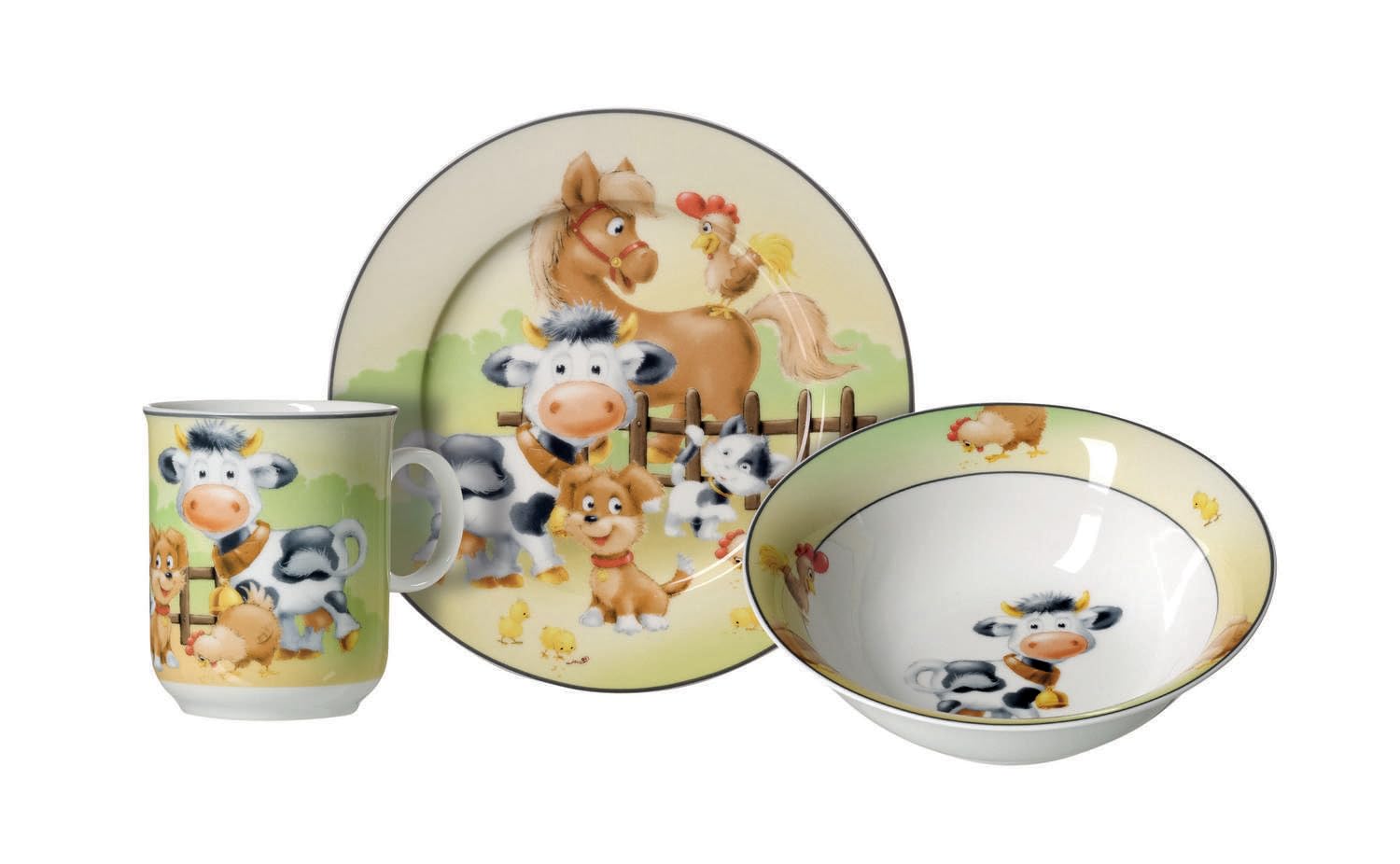 Kinderset Bauernhof-Tiere 7tlg. mit Gravur (z.B. Namen) Puresigns Kinderbesteck mit Namensgravur + Kindergeschirr Bauernhof (Teller Becher Schale)
