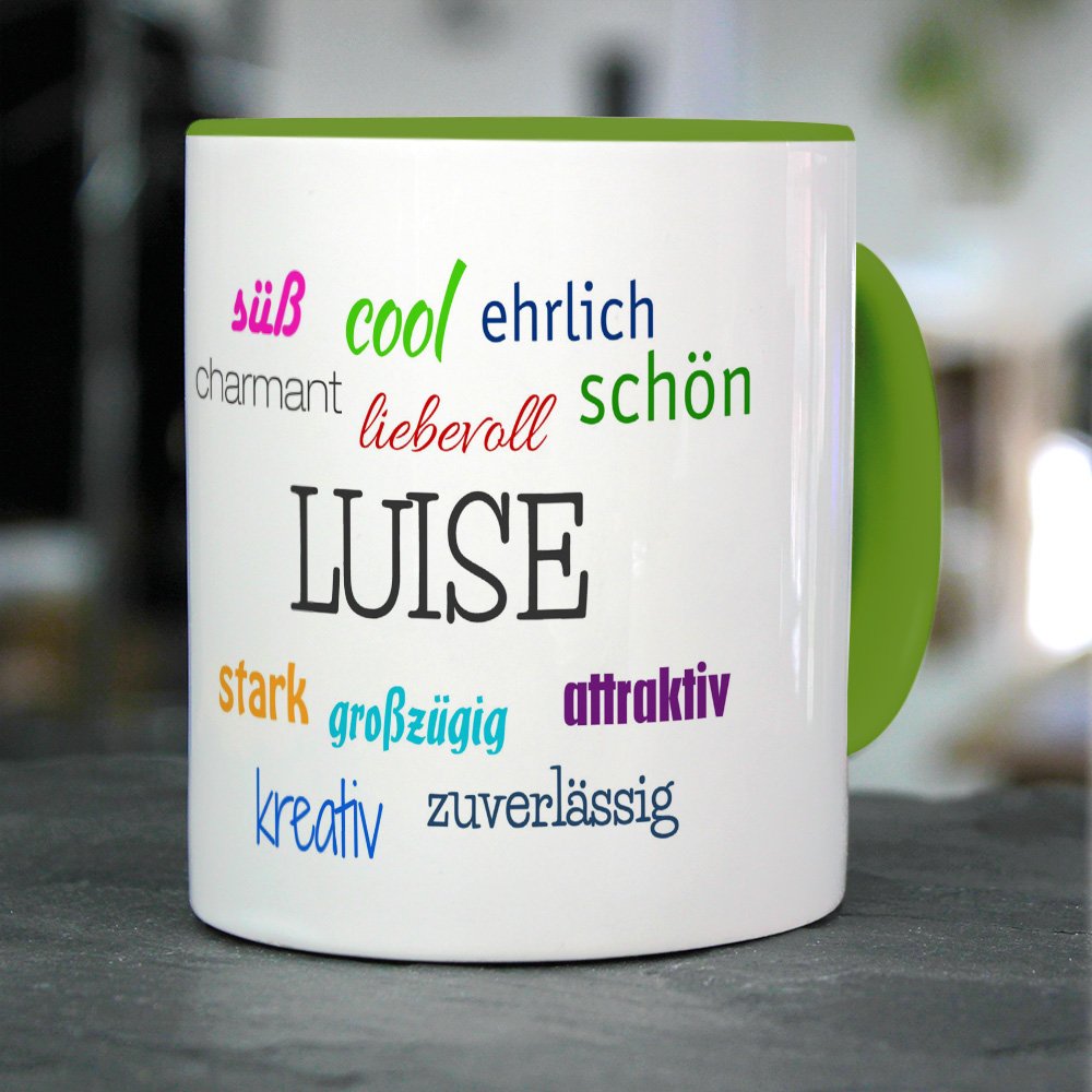 Printplanet Namenstasse 'Lucy' – Persönlicher Kaffeebecher Mit Positiven Eigenschaften, 325 Ml, Blau, Spülmaschinenfest