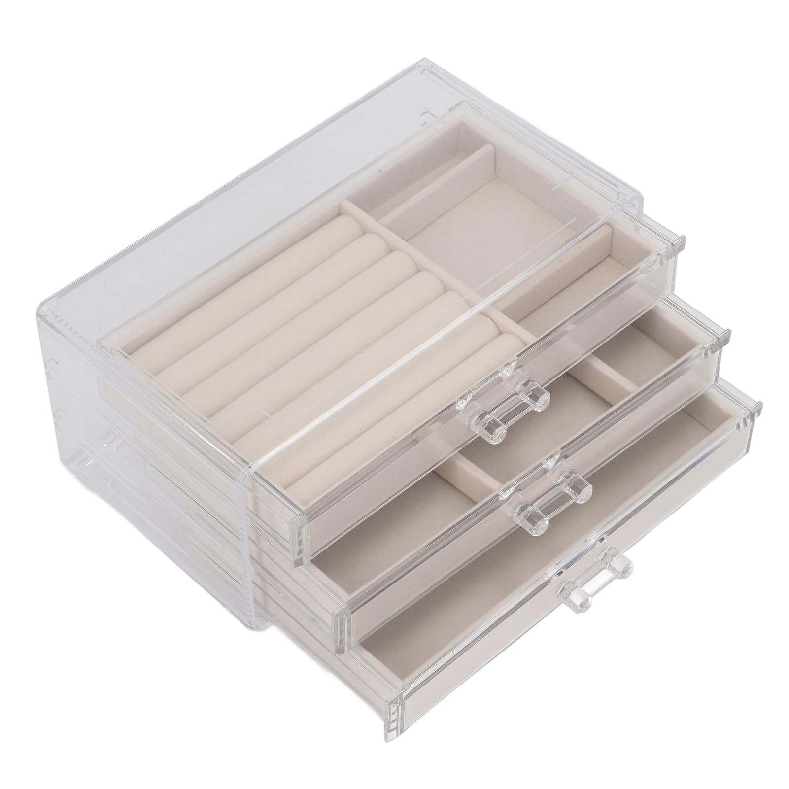 Cocoarm Organizzatore Trasparente per Orecchini, Portagioielli in Plastica con 3 Cassetti e Fodera in Flanella, Espositore per Gioielli con Scomparto per Orecchini, Anelli, Collane da Donna (Beige)