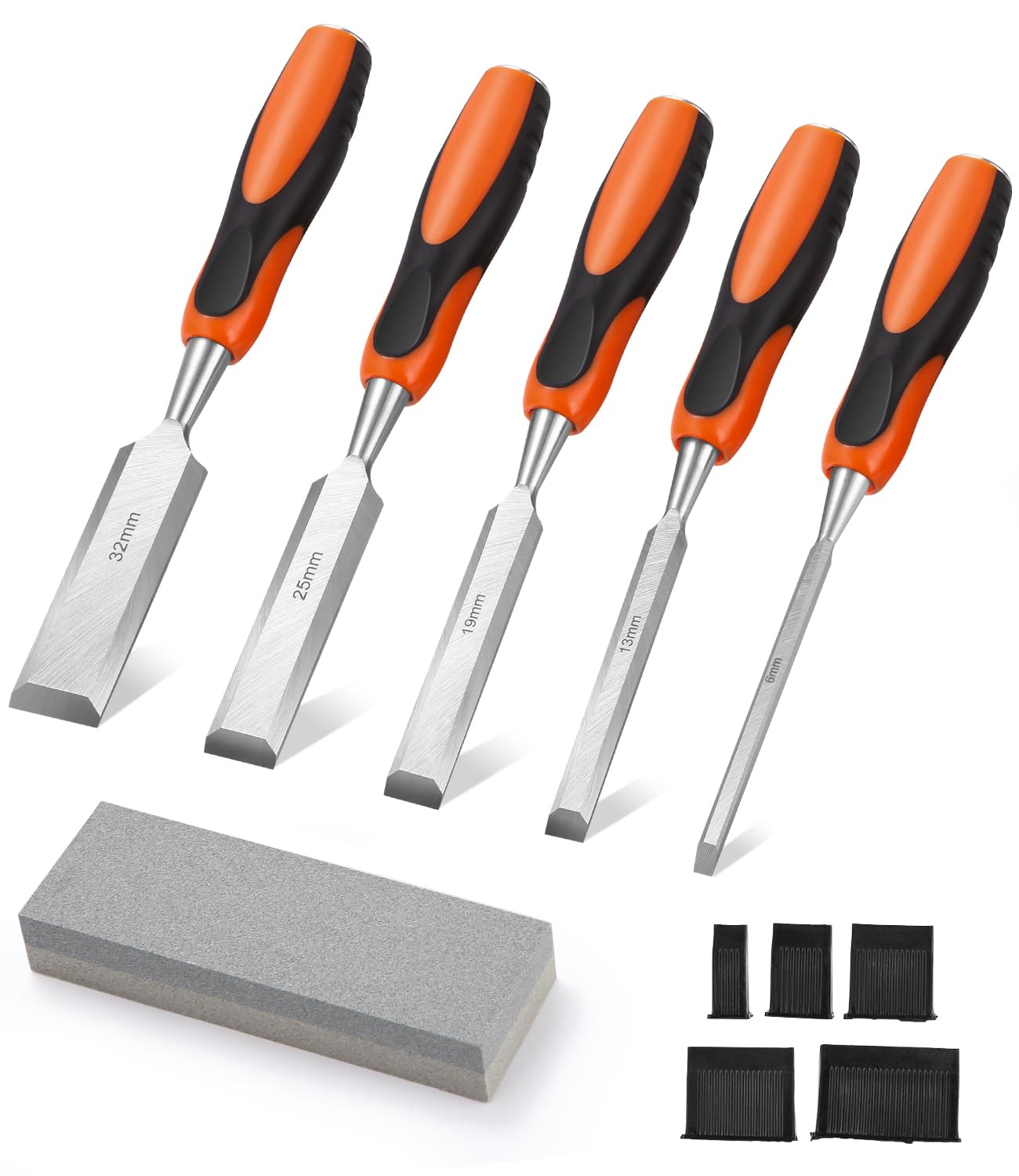 Cinceles para Madera, 6 Piezas Formones para Madera, Incluye Juego De Cinceles Afilados Con ángulo de cuña de 25° e piedra de afilar, Herramientas Carpinteria Madera.(6,13,19,25,32mm)