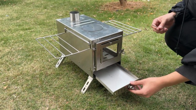 UNHO Campingtentkachel: Draagbare houtstookkachel van roestvrij staal, buitenkookverwarming, houtbrander met 7 schoorsteenpijpen voor tent, schuilplaats, tuin, zilver
