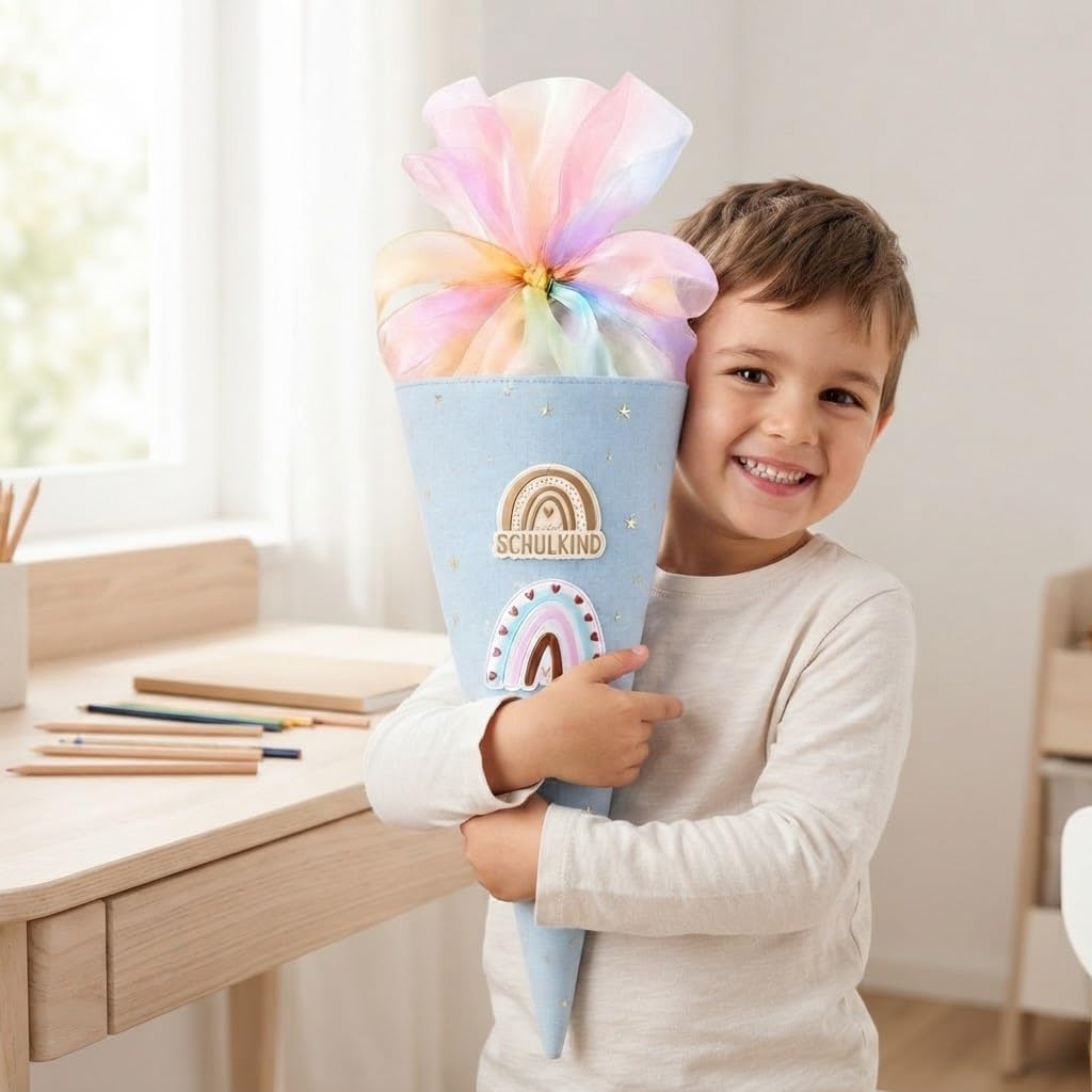 Rodzeństwo, rożek szkolny dla chłopców, mały rożek na słodycze z materiału, długość 28 cm, Ø 19 cm (niebieski)